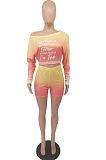 Neon Green Casual Positioning Gradient Letter Printing Batwing Sleeve Off Shoulder Shorts Two-Piece HXY8060-1