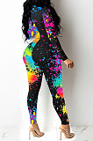 Black Women Trendy Personality Starry Sky Multicolor Splash-Ink Printing Sexy Tight Crop Bodycon Jumpsuits PY0834-2