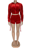 Red Autumn And Winter Velvet Long Sleeve Zipper Hoodie Dew Waist Shorts Sports Sets DN8518-2
