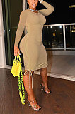 Lemon Yellow Women Round Neck Long Sleeve Solid Color Shirred Detail Bodycon Mini Dress ATE65008-3