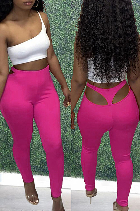 Rose Red Cotton Blend Pure Color Back Hollow Out Low Waist Bodycon Pants DN8627-3