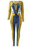 Orange Purple Euramerican Women Bandage Ribber Spliced Hollow Out Long Sleeve Long Pants Sets NK262-3