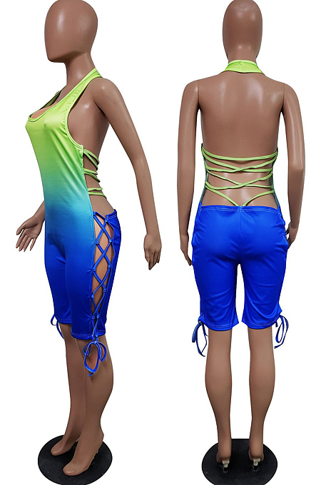 Blue Sexy Gradient Halter Neck Backless Bandage Slim Fitting Romper Shorts JH159-2