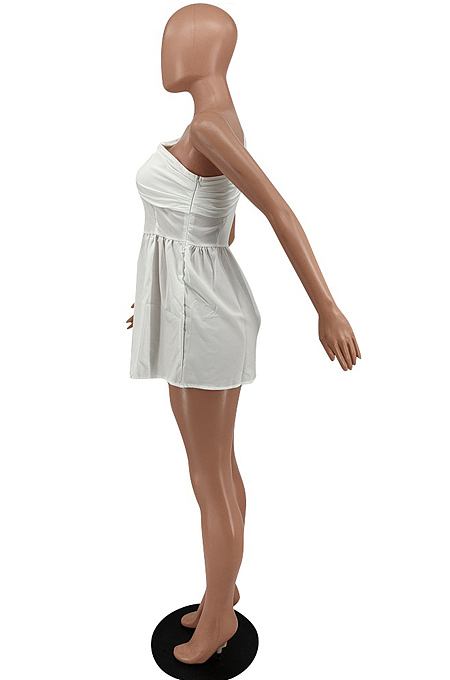 White Summer New Oblipue Shoulder Solid Collcet Waist Color Mini Dress HXY8061