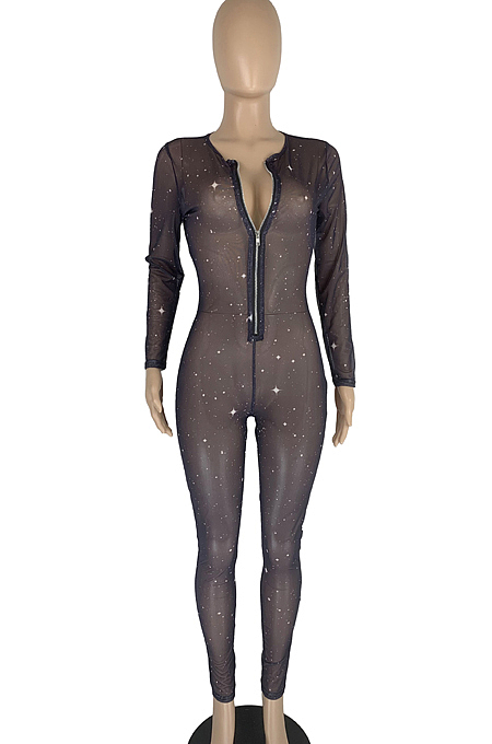 Black New Mesh See-Through High Elastic Print Long Sleeve Zipper Bodycon Jumpsuits LMM8274