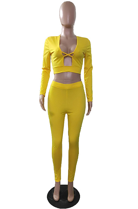 Pink Wholesal Long Sleeve Low-Cut Cross Hollow Out Bodycon Pants Solid Color Two-Piece NRS8078-1 
