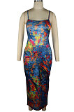 Blue Women Tie Dye Demin Pattern Random Printing Condole Belt Backless Long Dress QQM4309-1