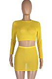Pink Sexy Mesh See-Through Long Sleeve Round Neck Crop Top Hip Skirts Pure Color Two-Piece LMM8273-1