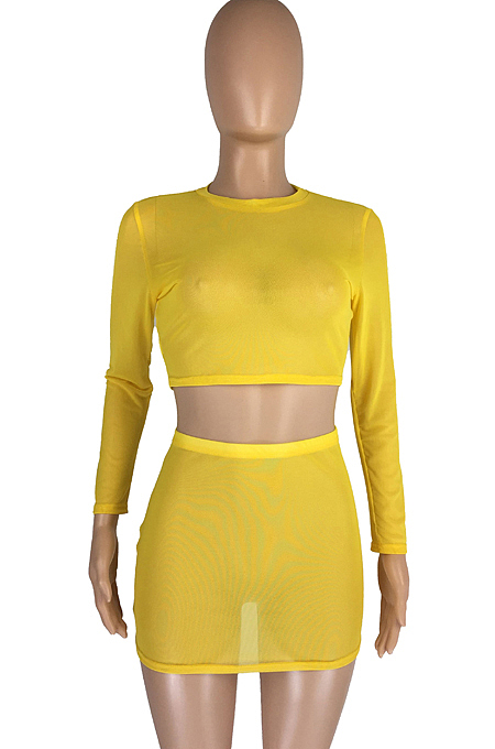 Pink Sexy Mesh See-Through Long Sleeve Round Neck Crop Top Hip Skirts Pure Color Two-Piece LMM8273-1
