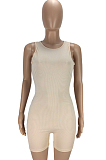 Cream White Fashion Ribber High Elastic  Sleeveless Round Neck Bodycon Tank Jumpsuits LMM8270-2