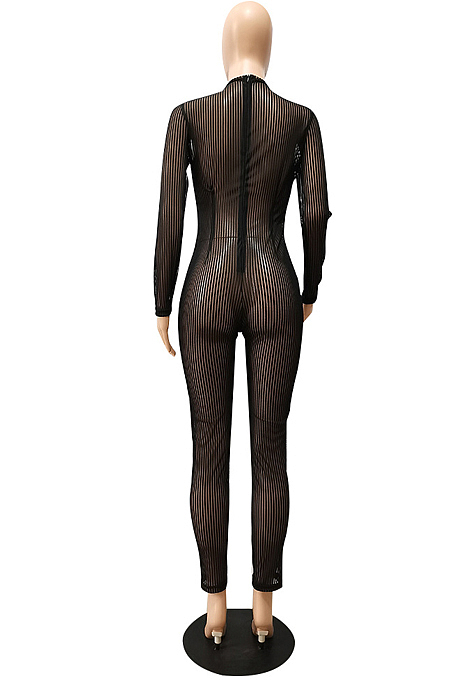 Black Night Club Mesh See-Through Long Sleeve Round Neck Zip Back Bodycon Jumpsuits CM2152-1