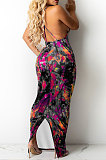 Blue Women Tie Dye Demin Pattern Random Printing Condole Belt Backless Long Dress QQM4309-1