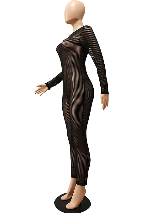Black Night Club Mesh See-Through Long Sleeve Round Neck Zip Back Bodycon Jumpsuits CM2152-1