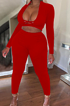 Red Wholesal Long Sleeve Low-Cut Cross Hollow Out Bodycon Pants Solid Color Two-Piece NRS8078-2
