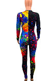 White Women Trendy Personality Starry Sky Multicolor Splash-Ink Printing Sexy Tight Crop Bodycon Jumpsuits PY0834-1