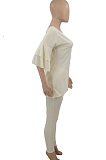 Beige Summer New Flare Half Sleeve Loose Top Bodycon Pants Solid Color Casual Sets HXY8056-2