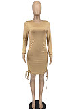 Khaki Women Round Neck Long Sleeve Solid Color Shirred Detail Bodycon Mini Dress ATE65008-1