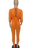 Red Women Ribber Sexy Drawsting Ruffle Pure Color Bodycon Jumpsuits ATE65007-2