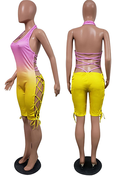Blue Sexy Gradient Halter Neck Backless Bandage Slim Fitting Romper Shorts JH159-2