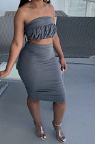 Dark Gray Women Cotton Pure Color Strapless Bowknot Backless Skirts Variety Style Two-Pieces QQM4301-3