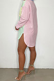 Pink Blue Autumn Winter Women Printing Color Block Long Sleeve Shirts BLE2511