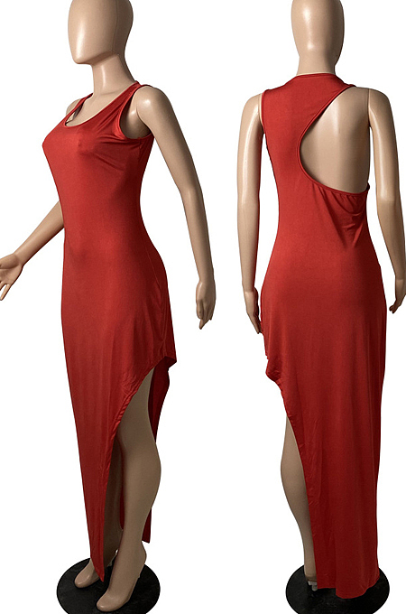 White Fashion Women Sleeveless Round Collar Hollow Out Slim Fitting Slit Solid Color Tank Long Dress YFS10008-2