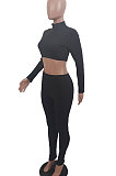 Black Women Soft Ribber Sexy Pure Color Tight Dew Waist Pants Sets BLE2171-1