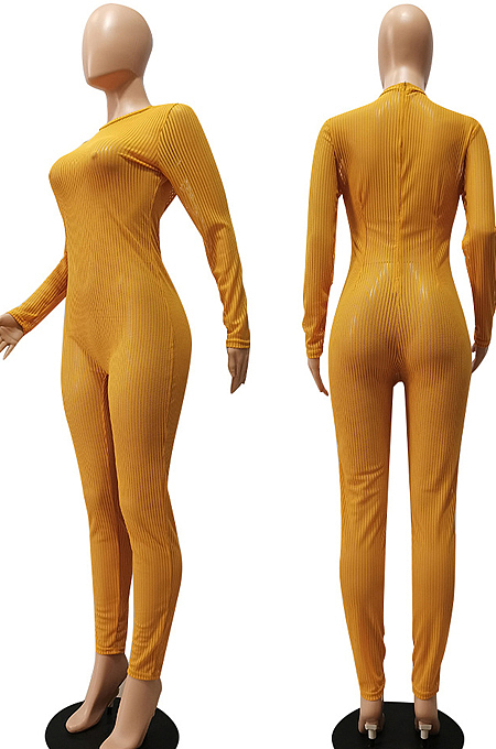 Yellow Night Club Mesh See-Through Long Sleeve Round Neck Zip Back Bodycon Jumpsuits CM2152-2
