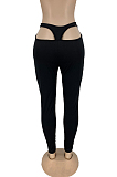 Black Cotton Blend Pure Color Back Hollow Out Low Waist Bodycon Pants DN8627-1