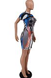 Blue Fashion Positioning Colorful Stripe Printing Short Sleeve Round Neck Tight Mini Dress HXY8063-2