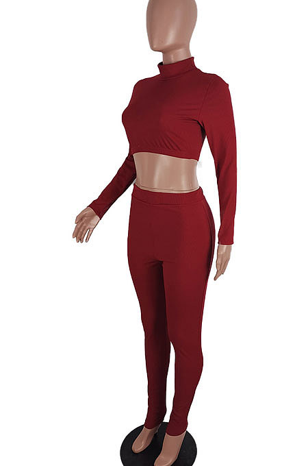 Pink Women Soft Ribber Sexy Pure Color Tight Dew Waist Pants Sets BLE2171-2