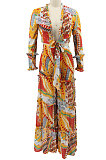 Yellow Chiffon Printing Long Sleeve Bandage Irregular Loose Pants Casual Two-Pieces  KZ2125-1