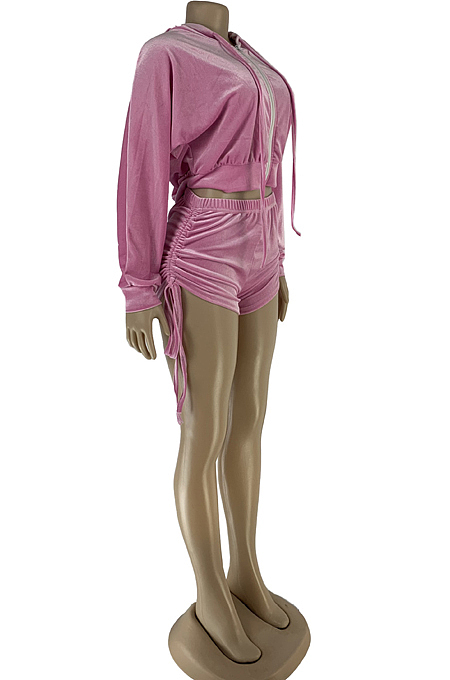 Pink Autumn And Winter Velvet Long Sleeve Zipper Hoodie Dew Waist Shorts Sports Sets DN8518-1
