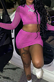 Purple Sexy Mesh See-Through Long Sleeve Round Neck Crop Top Hip Skirts Pure Color Two-Piece LMM8273-2