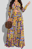 Yellow Chiffon Printing Long Sleeve Bandage Irregular Loose Pants Casual Two-Pieces  KZ2125-1