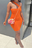 Orange Women Solid Color Irregular Sexy Tight High Elastic Off Shoulder Mini Dress KZ2126-1