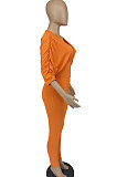 Red Women Ribber Sexy Drawsting Ruffle Pure Color Bodycon Jumpsuits ATE65007-2