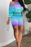 Neon Green Casual Positioning Gradient Letter Printing Batwing Sleeve Off Shoulder Shorts Two-Piece HXY8060-1