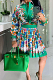 Green Print Lapel Neck Button Long Sleeve Shirt Mid Waist Pleated Skirts Sets CM2149-10