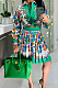 Green Print Lapel Neck Button Long Sleeve Shirt Mid Waist Pleated Skirts Sets CM2149-10