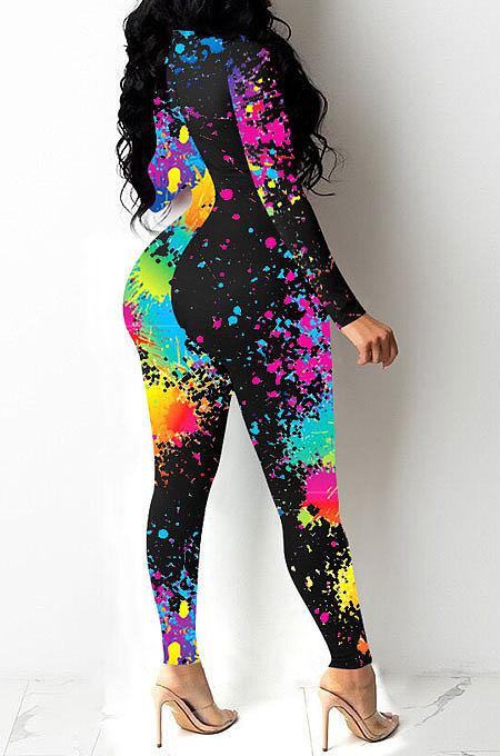 White Women Trendy Personality Starry Sky Multicolor Splash-Ink Printing Sexy Tight Crop Bodycon Jumpsuits PY0834-1