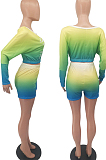 Neon Purple Casual Positioning Gradient Letter Printing Batwing Sleeve Off Shoulder Shorts Two-Piece HXY8060-3