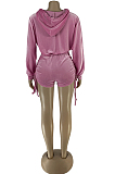 Pink Autumn And Winter Velvet Long Sleeve Zipper Hoodie Dew Waist Shorts Sports Sets DN8518-1