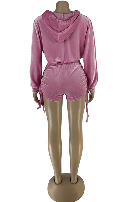 Pink Autumn And Winter Velvet Long Sleeve Zipper Hoodie Dew Waist Shorts Sports Sets DN8518-1