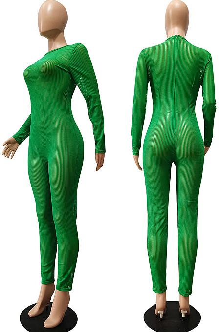 Pink Night Club Mesh See-Through Long Sleeve Round Neck Zip Back Bodycon Jumpsuits CM2152-4