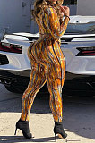 Orange Women Deep V Neck Sexy Long Sleeve Bandage Multicolor Printing Tight Pants Sets ATE65006