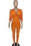Red Women Ribber Sexy Drawsting Ruffle Pure Color Bodycon Jumpsuits ATE65007-2