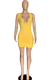 Blue Sexy Sleeveless Low-Cut Ruffle Slim Fitting Solid Color Hip Dress P8617-4