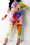 Black Women Trendy Personality Starry Sky Multicolor Splash-Ink Printing Sexy Tight Crop Bodycon Jumpsuits PY0834-2
