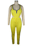 Yellow Women Sleeveless Bodysuit Zipper Tank Pants Sets QQM4300-1